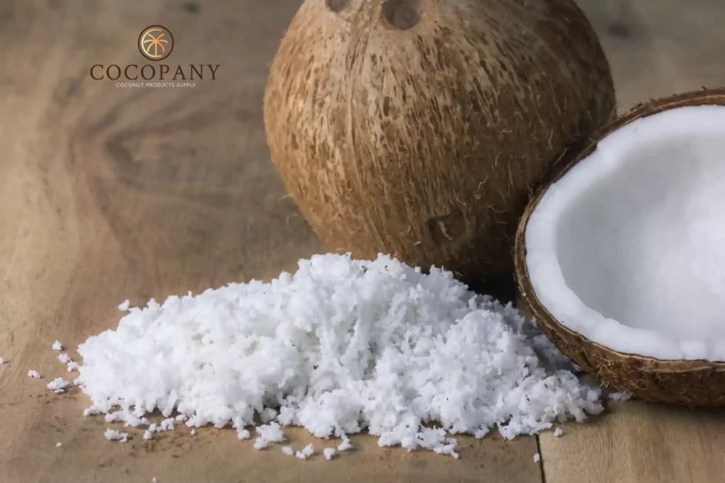 Extra fine grade desiccated coconut on the production line in Indonesia